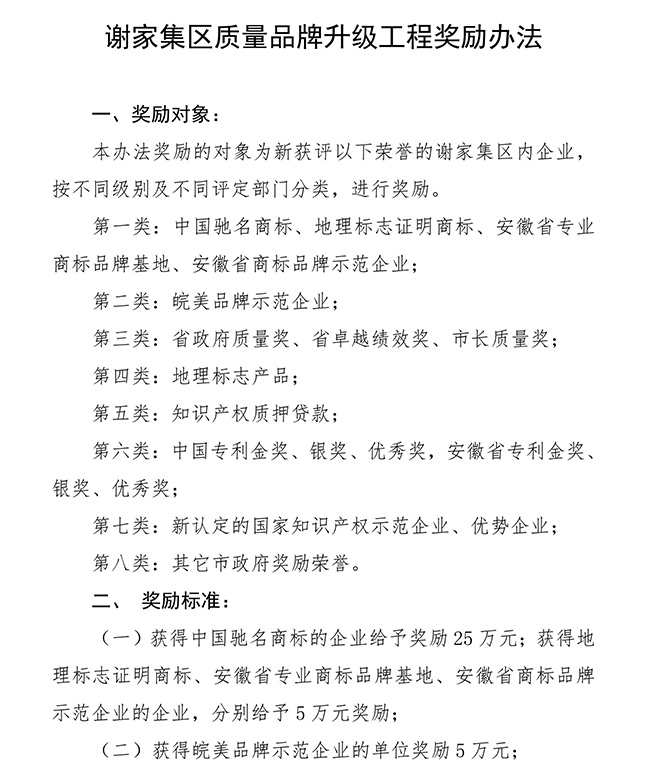 安徽省淮南市謝家集區(qū)質(zhì)量品牌（知識產(chǎn)權(quán)）升級工程獎勵辦法