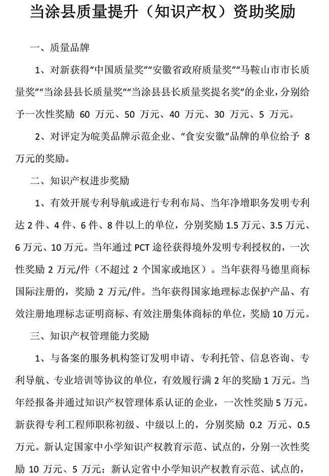安徽省馬鞍山市當涂縣質(zhì)量提升（知識產(chǎn)權(quán)）資助獎勵